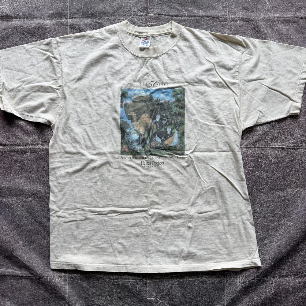Men's Vintage 90s Heifer Project Noah's Arc For Todays World White T Shirt Sz XL